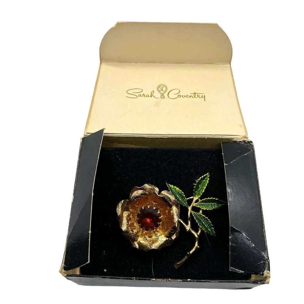 Sarah Coventry Brooch Pin Ember Flower Statement Vintage 1972 Gold Tone In Box